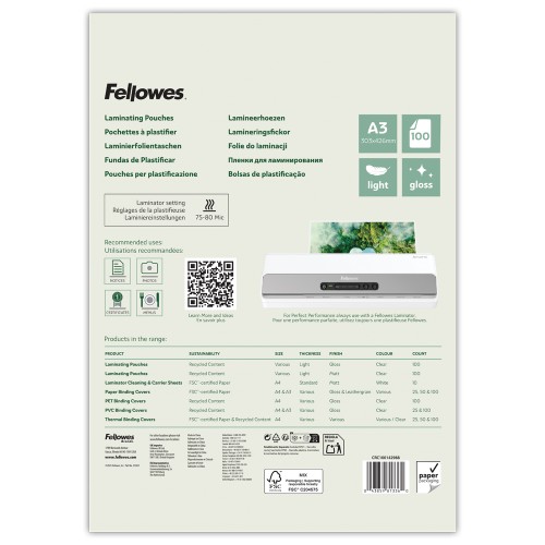 Eco™ Folie do laminacji A3 Light (matowe) ekologiczne – opk. 100 sztuk Fellowes www.asan.com.pl
