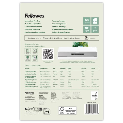 Folia do laminowania Eco™ / Folie do laminacji A4 Light ekologiczne – opk. 100 sztuk Fellowes www.asan.com.pl