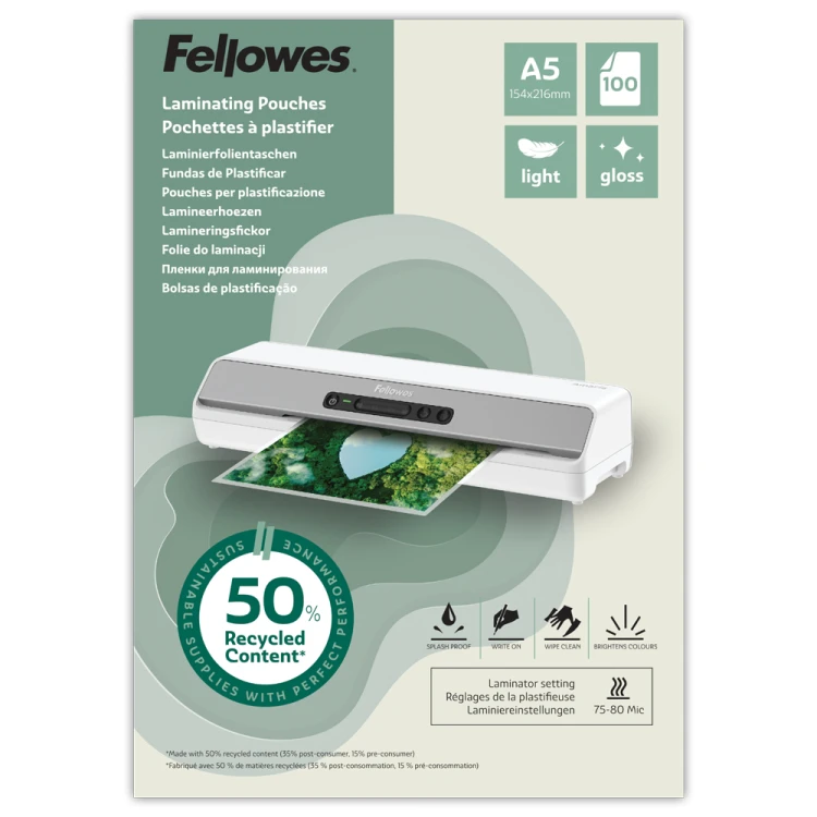 Folia do laminowania Eco™ / Folie do laminacji A5 Light 80 mikronów ( błyszczące ) ekologiczne – opk. 100 sztuk Fellowes_www.asan.com.pl