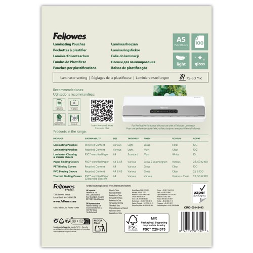 Folia do laminowania Eco™ / Folie do laminacji A5 Light 80 mikronów ( błyszczące ) ekologiczne – opk. 100 sztuk Fellowes_www.asan.com.pl