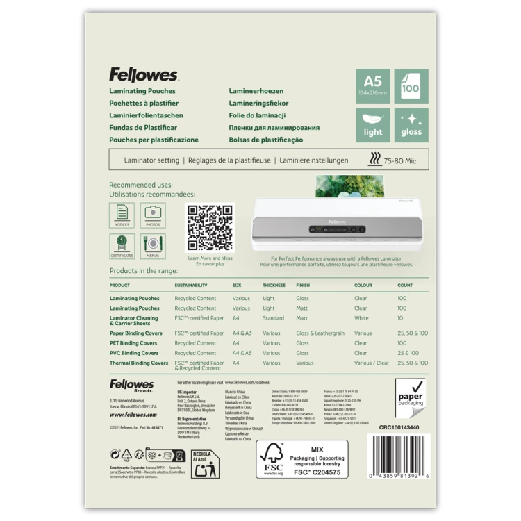 Folia do laminowania Eco™ / Folie do laminacji A5 Light 80 mikronów ( błyszczące ) ekologiczne – opk. 100 sztuk Fellowes_www.asan.com.pl