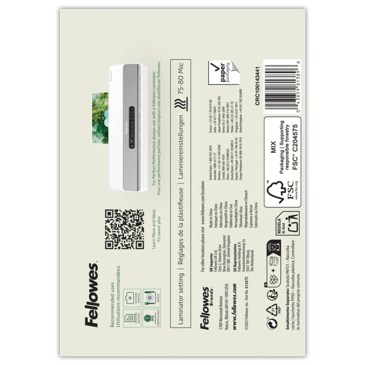 Folia do laminowania Eco™ / Folie do laminacji A6 Light 80 mikronów ( błyszczące ) ekologiczne – opk. 100 sztuk Fellowes_www.asan.com.pl