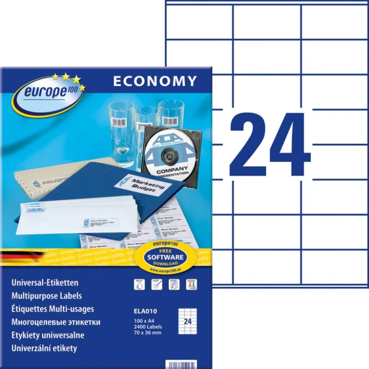 Etykiety uniwersalne Avery Zweckform Economy ELA010 - 70x36 mm A4, 100 arkuszy - białe_www.asan.com.pl