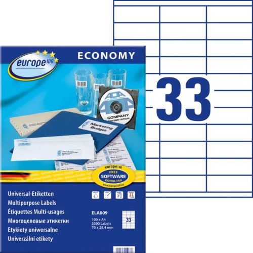 Etykiety uniwersalne Avery Zweckform Economy ELA009 - 70x25,4 mm A4, 100 arkuszy - białe _www.asan.com.pl