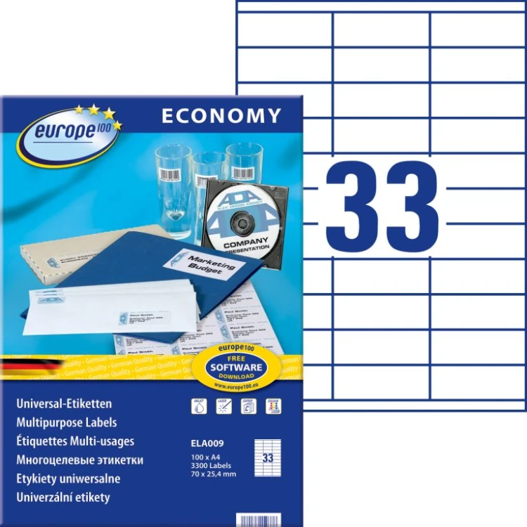 Etykiety uniwersalne Avery Zweckform Economy ELA009 - 70x25,4 mm A4, 100 arkuszy - białe _www.asan.com.pl