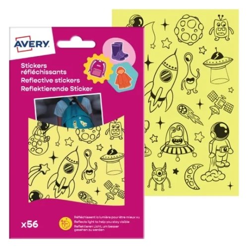 Naklejki odblaskowe AVERY, naklejki bezpieczeństwa REF56E - 2 arkusze - 56 naklejek - grafiki odblaskowe dla dzieci _www.asan.com.pl