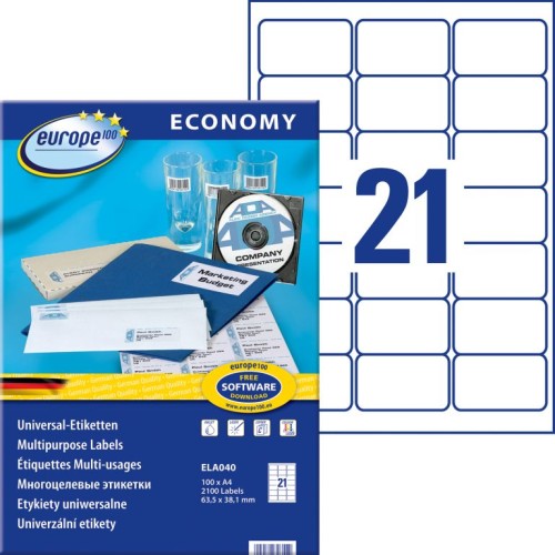 Etykiety uniwersalne Avery Zweckform Economy ELA040 - 63,5x38,1 mm A4, 100 arkuszy - białe_www.asan.com.pl